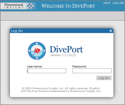 The Log On window for DivePort.